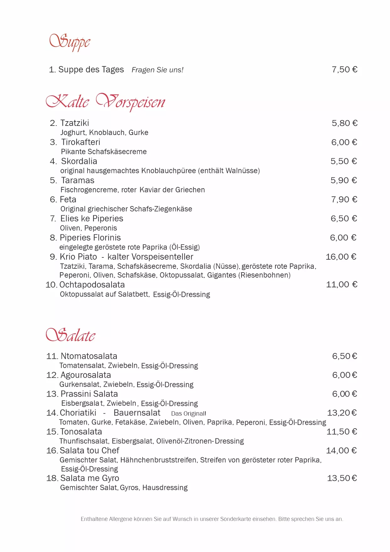 Speisekarte Suppen / Salate