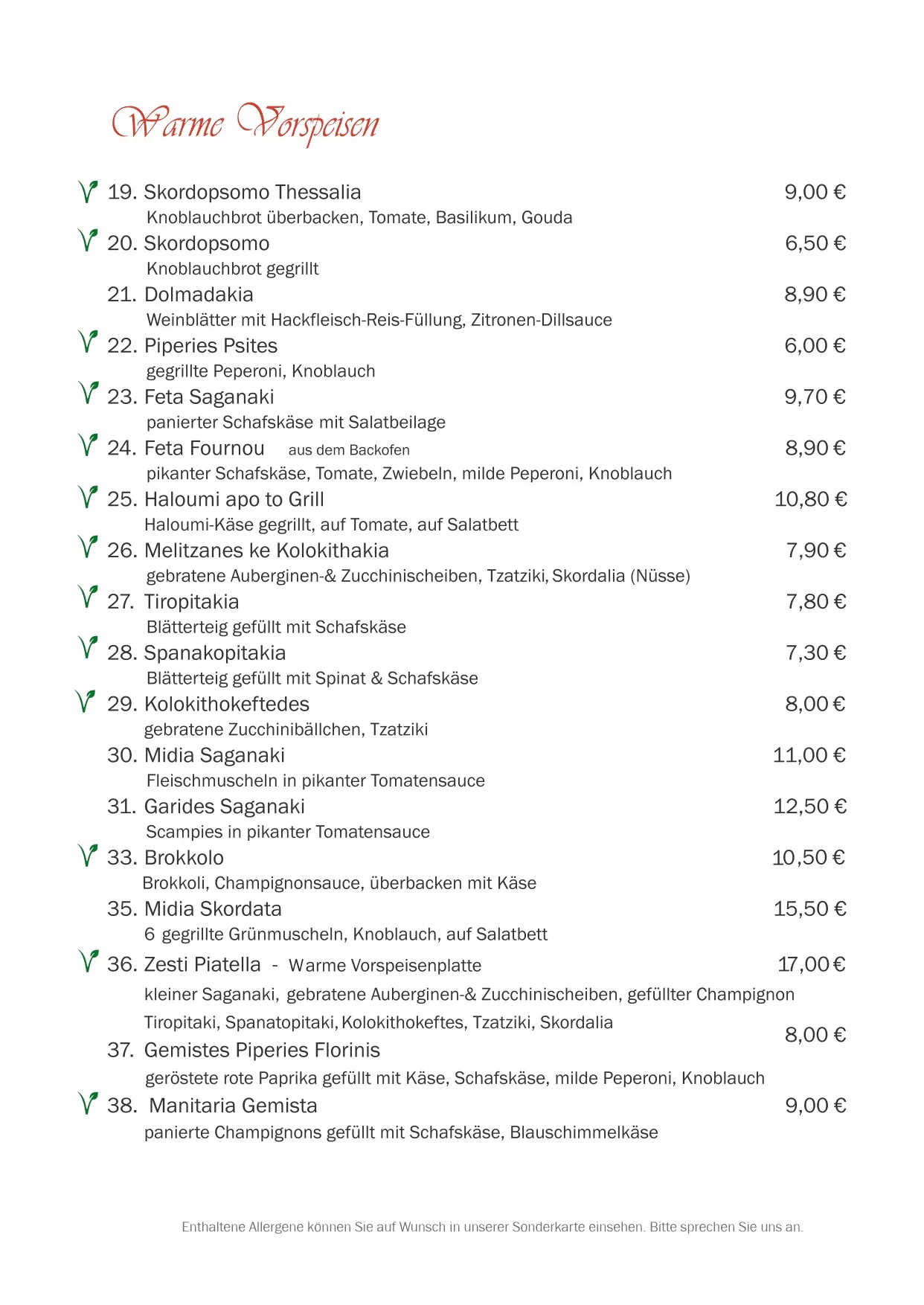 Speisekarte warme Vorspeisen