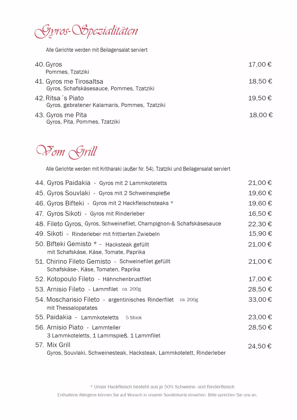 Speisekarte Gyros und Grill