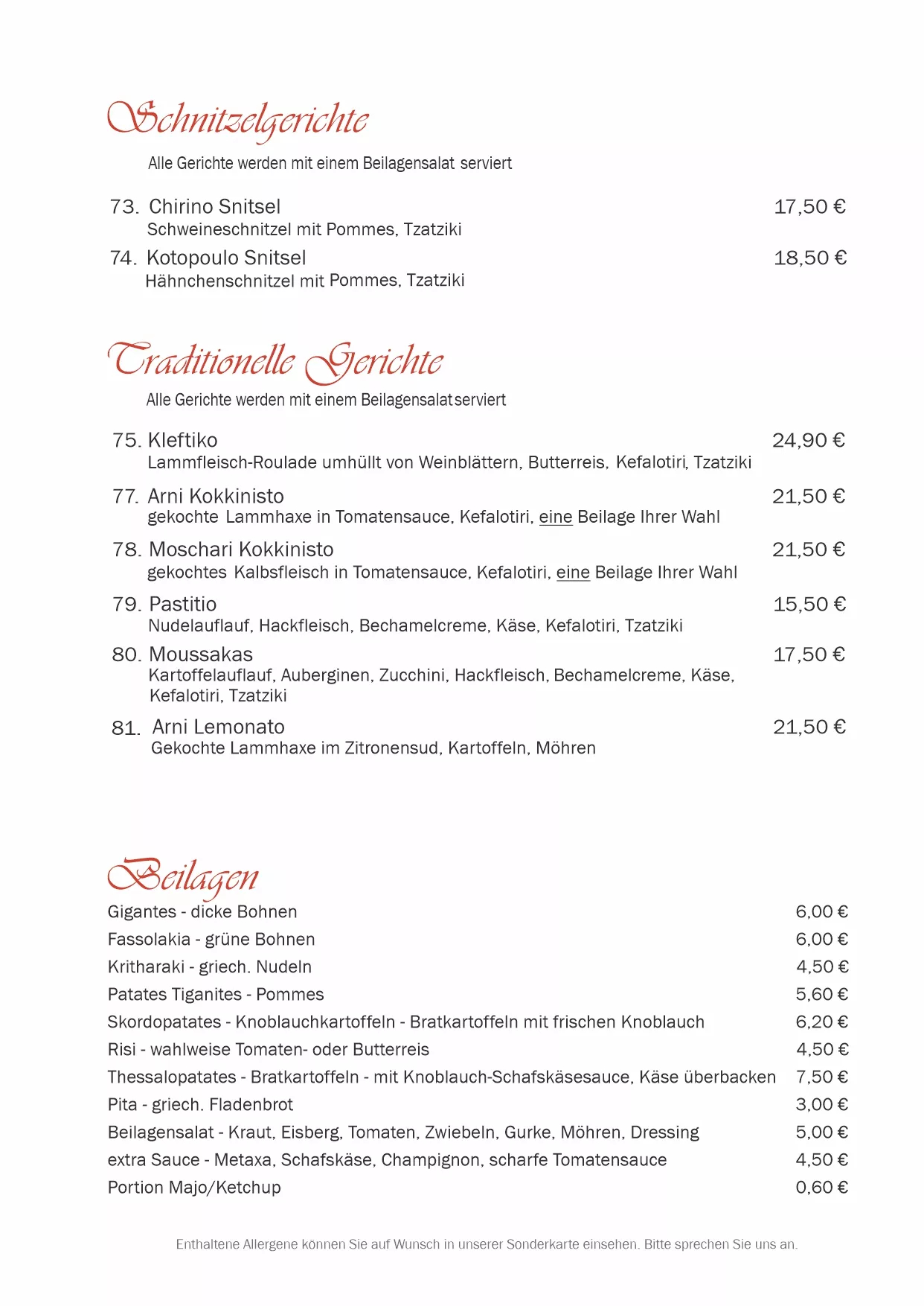 Speisekarte Schitzelgerichte Traditionell