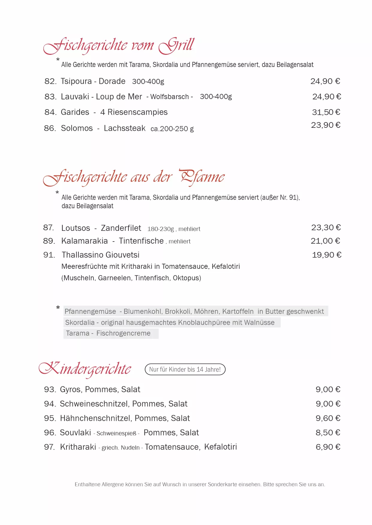 Speisekarte Fisch Kinder